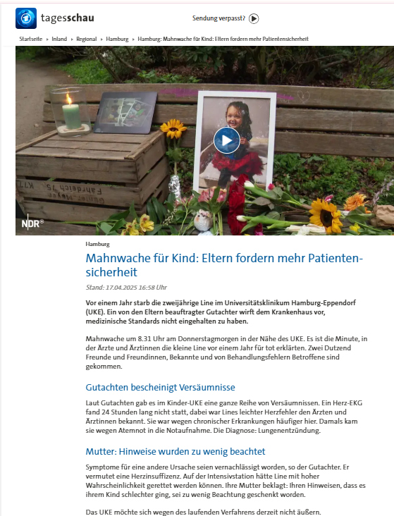 Der NDR hat sich mit Lines Schicksal befasst und auch die Mahnwache an ihrem ersten Todestag begleitet. Wir haben den Beitrag in diesem Blog verlinkt.